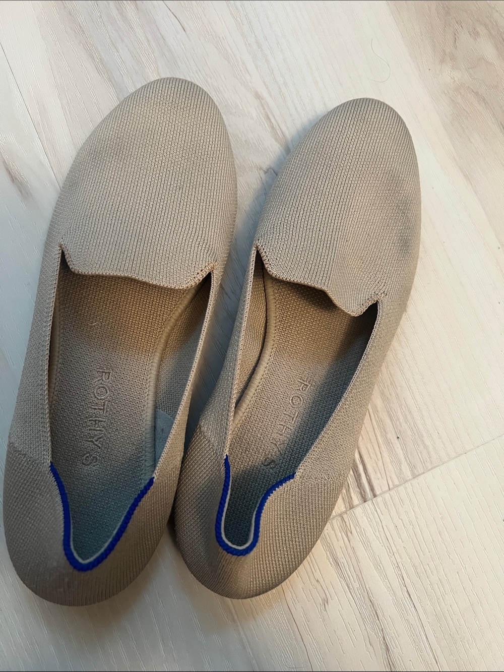 Rothy's Taupe Knit Slip-On Flats with Blue Trim
